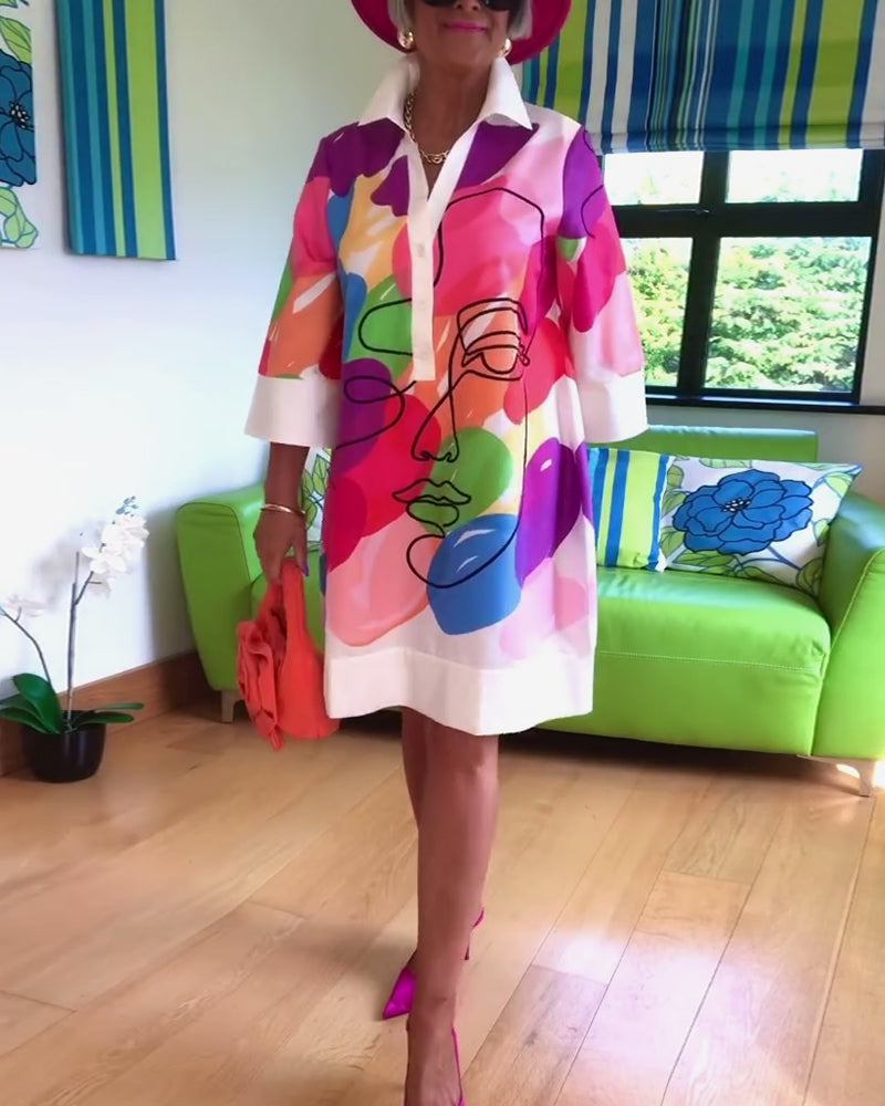 Lapel color portrait print dress