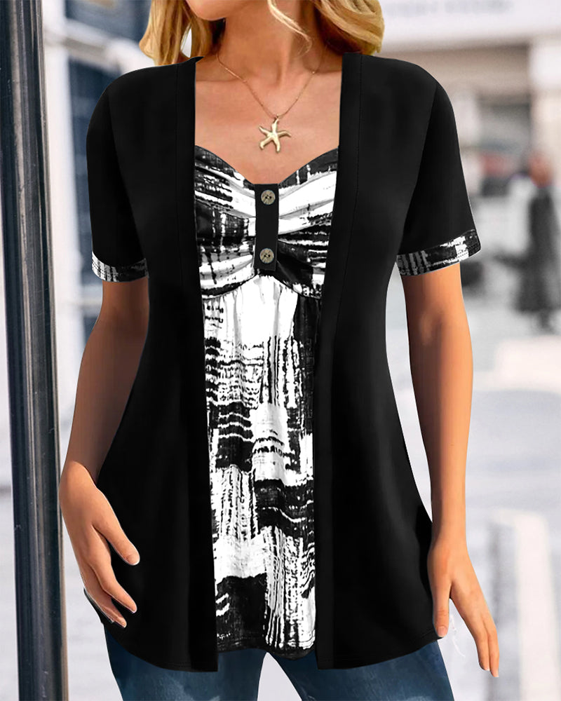 Printed Fake Two Piece Irregular Blouse