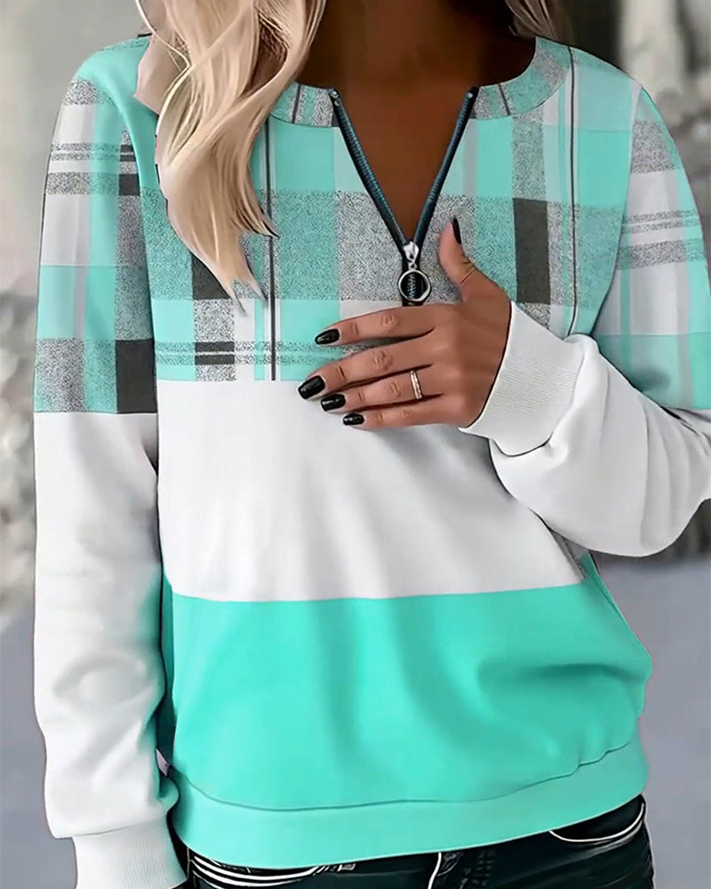 Casual Plaid Contrast Color Sweatshirt
