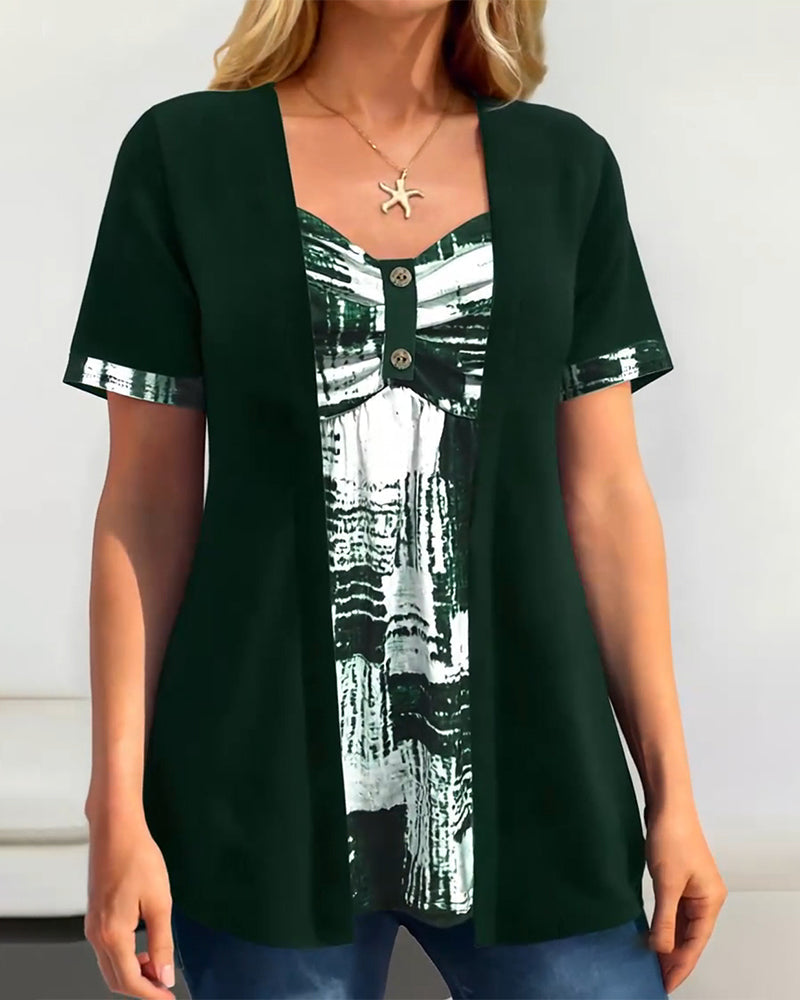 Printed Fake Two Piece Irregular Blouse