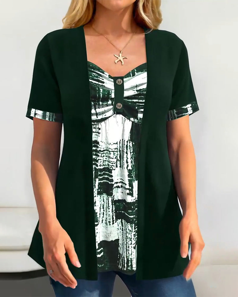 Printed Fake Two Piece Irregular Blouse