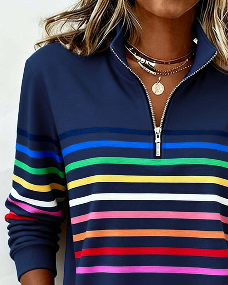 Half-Zip Collar Fashionable Rainbow Striped Sweatshirt