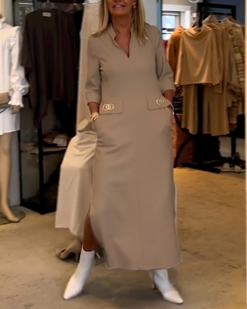 Solid color 3/4 sleeve slit dress