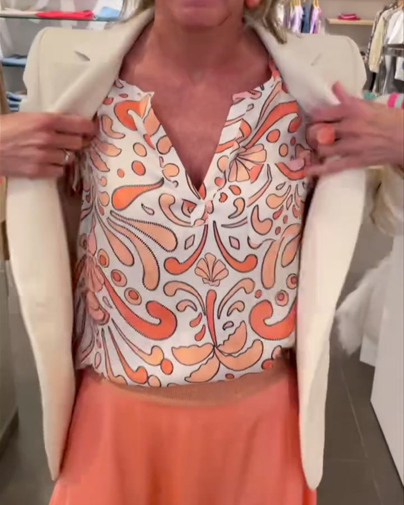 Printed V-neck raglan sleeves casual blouse