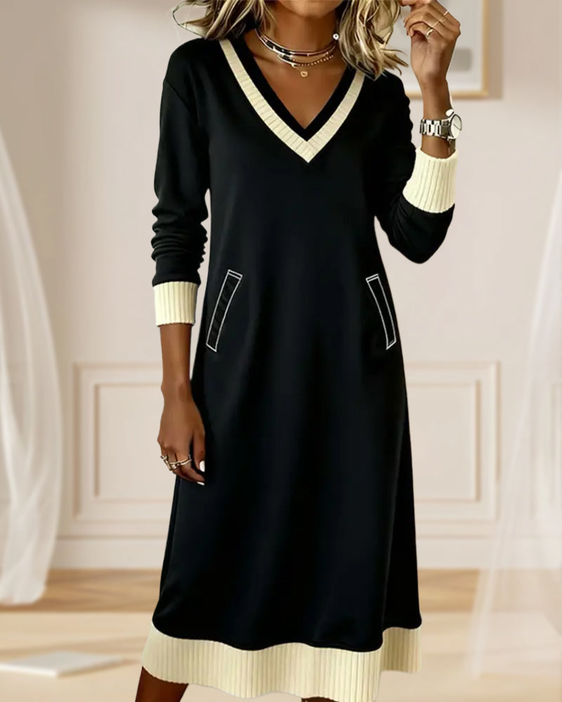 Long-Sleeved V-Neck Contrast Knit Dress