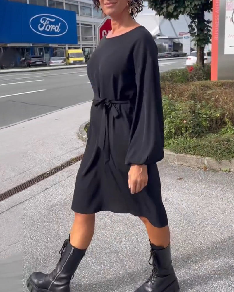 Round neck tie solid color dress