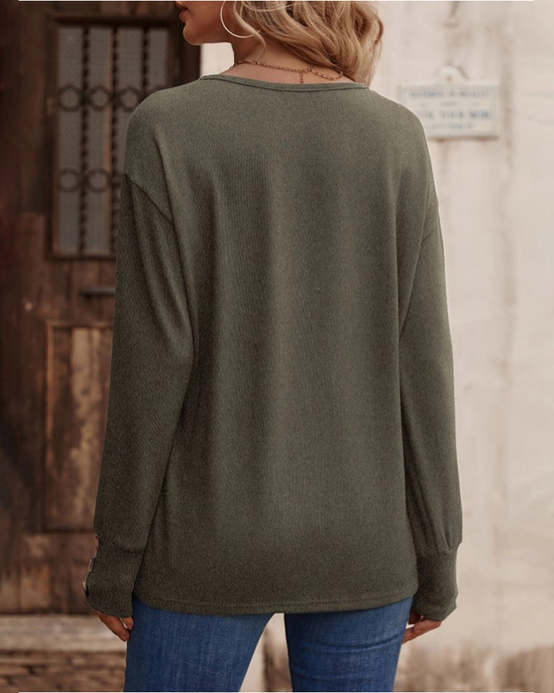 Solid color v neck button long sleeve top