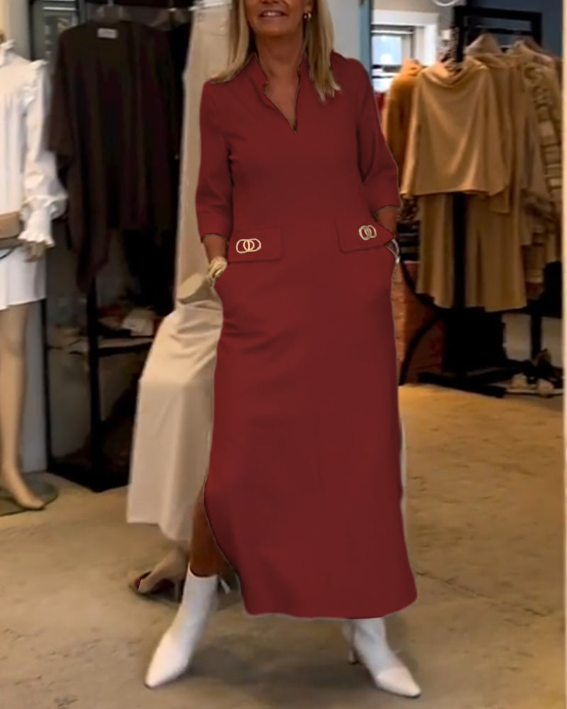 Solid color 3/4 sleeve slit dress