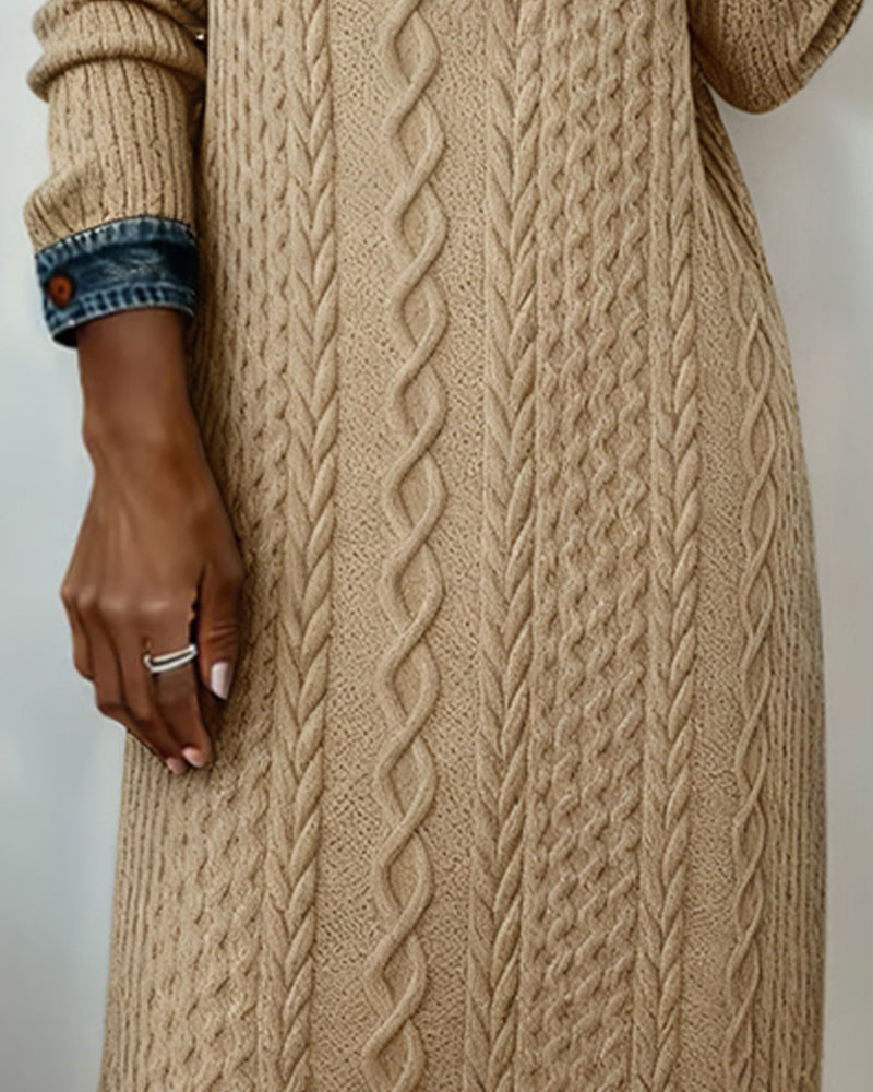 Denim cable knit patchwork collared dress