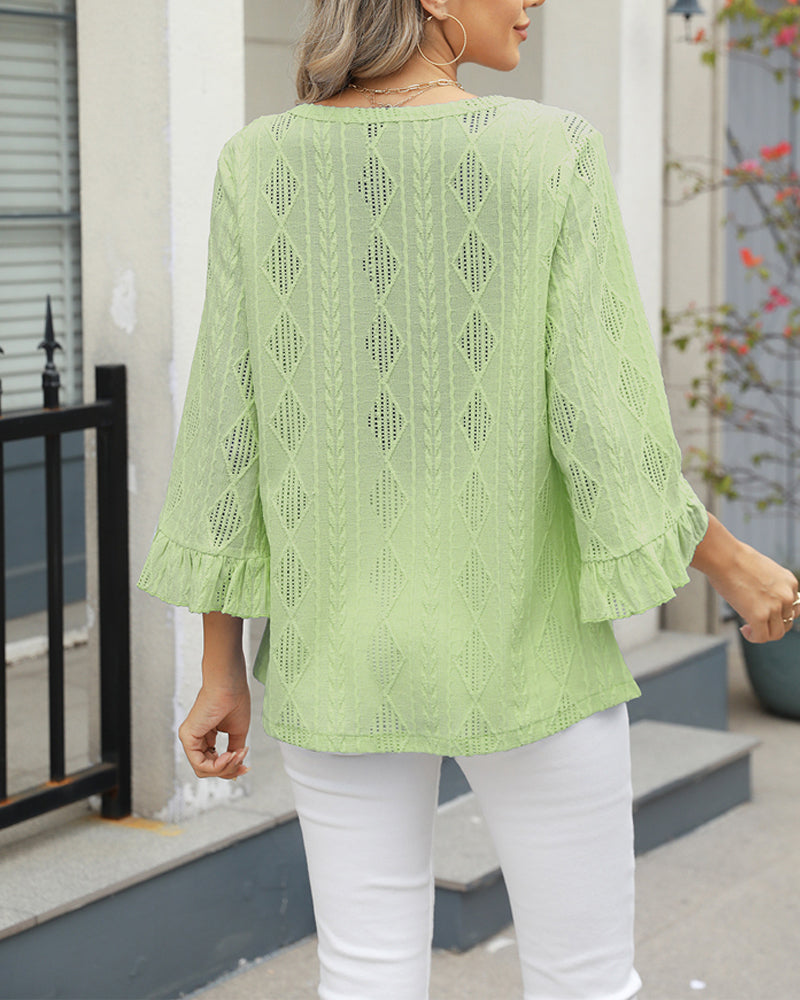 Diamond Check Hollow Trumpet Sleeve Top