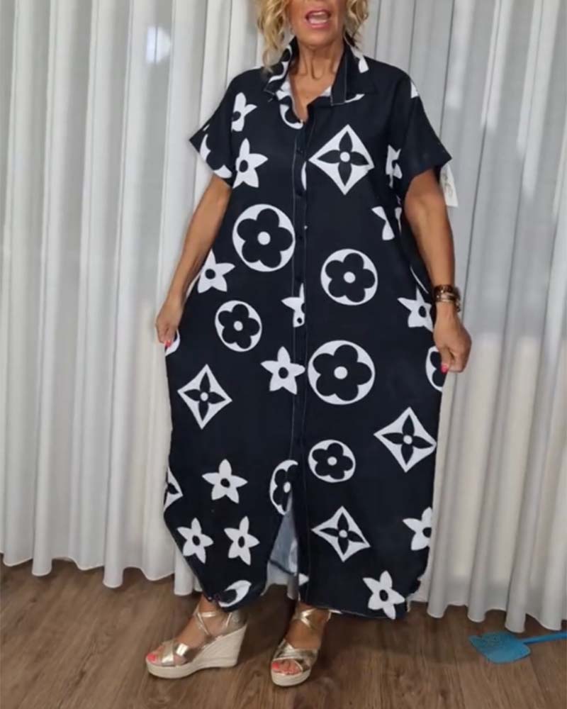 Contrast print lapel button casual dress