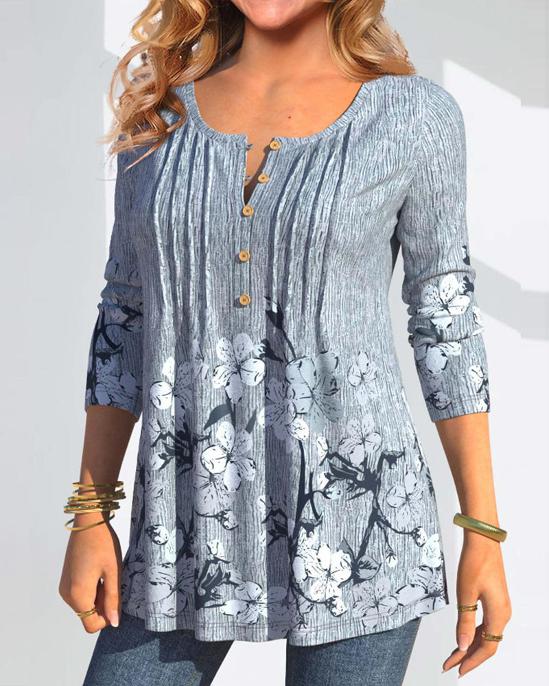 Floral Printed Casual Blouse with Buttons
