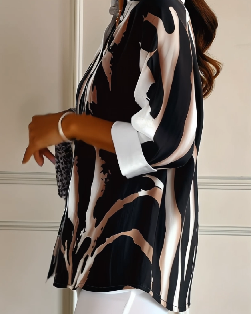 Stand Collar Irregular Printed Blouse