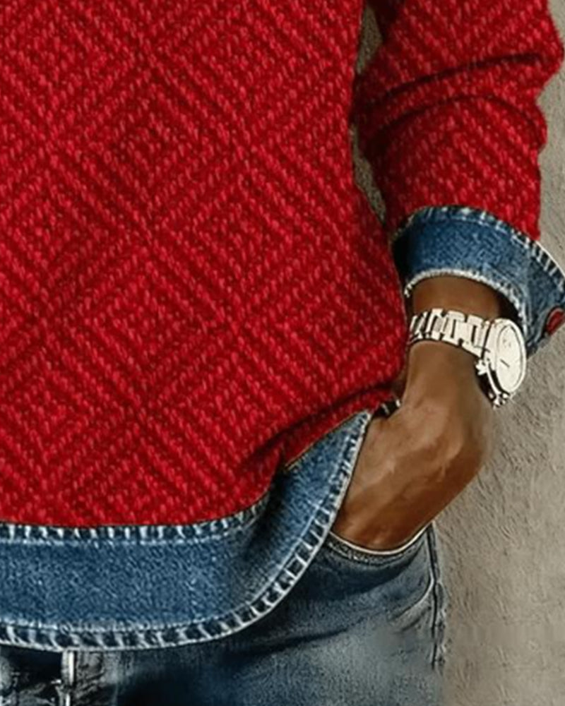 Collared Denim Patchwork Sweatshirt