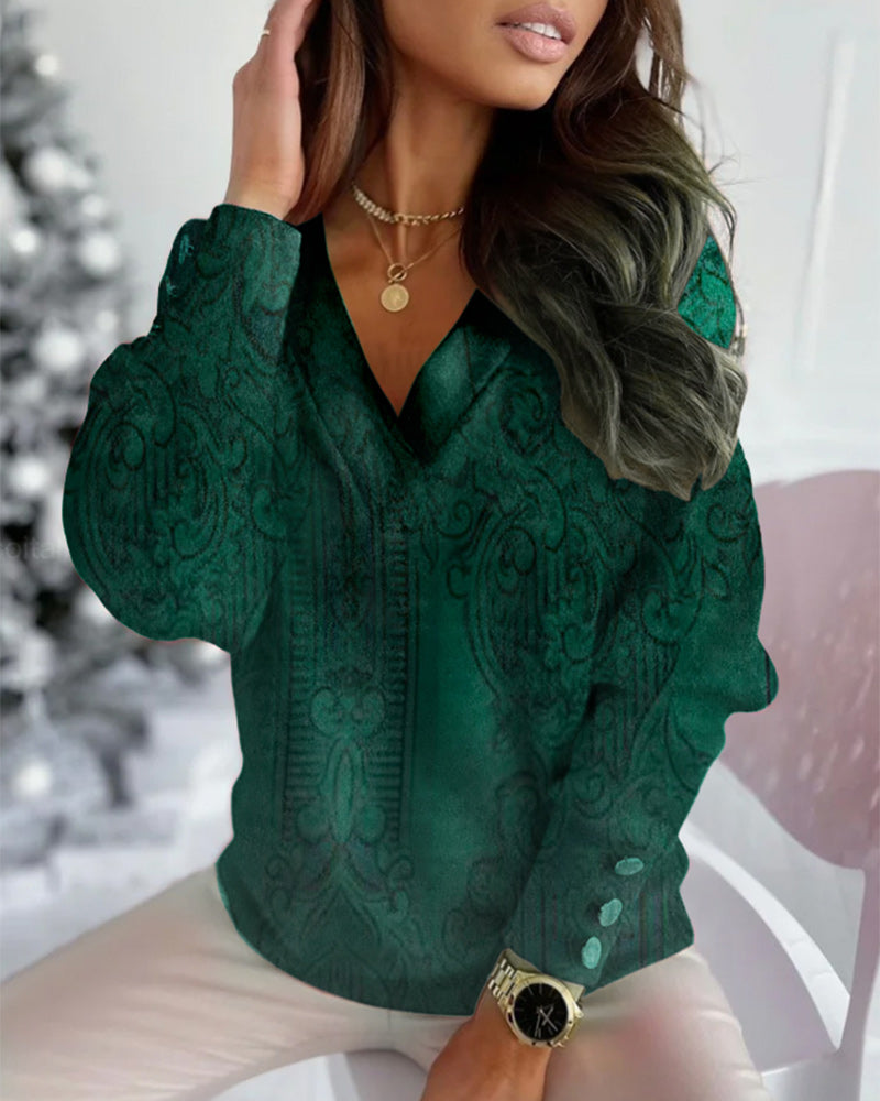 Casual V-Neck Printed Long-Sleeved Top