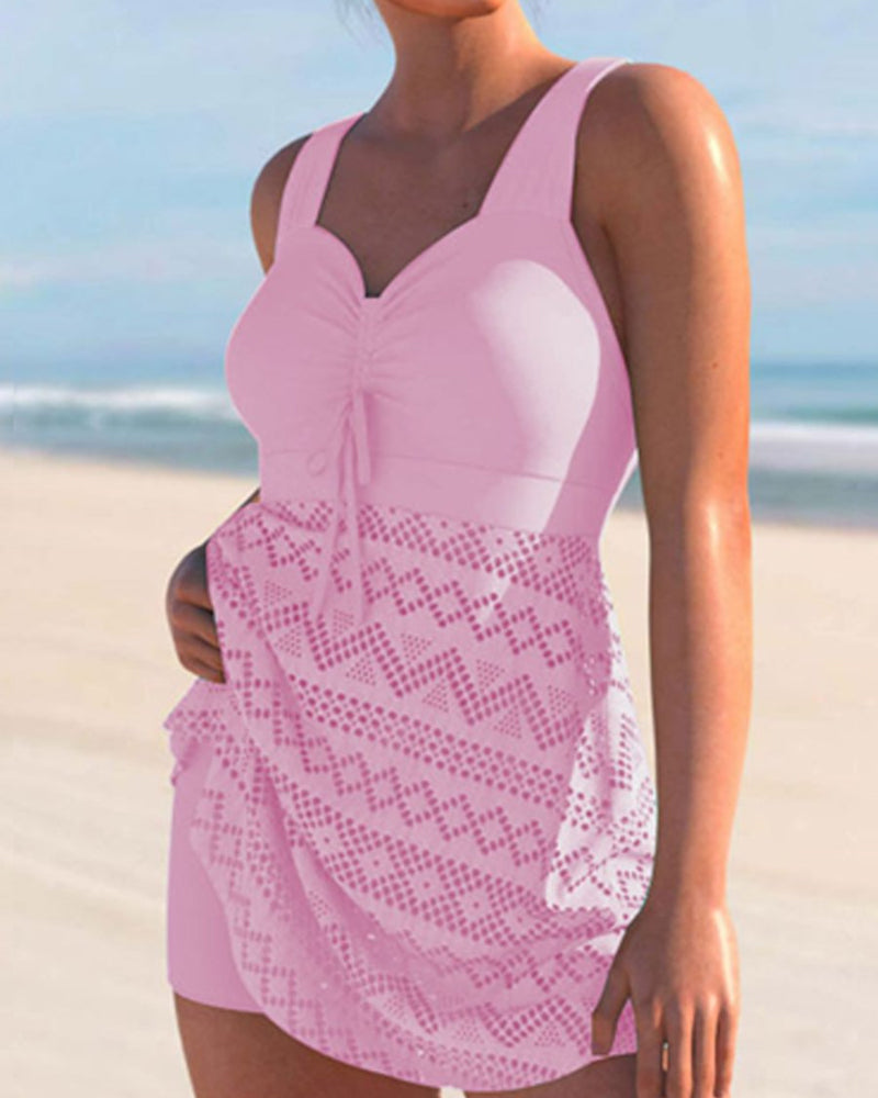 Solid Color Lace Panel Tankini