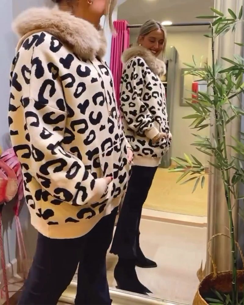 Leopard print long-sleeved hooded sweatshirt