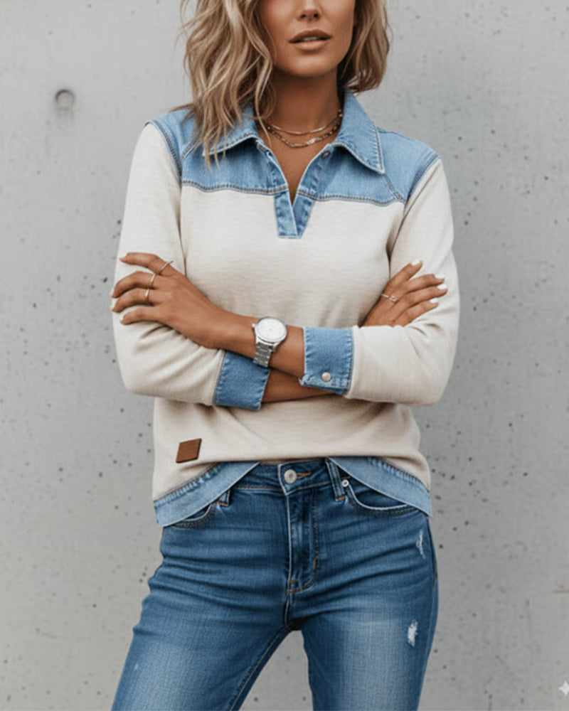 Fashionable Lapel Color Block Spliced Sweatshirt