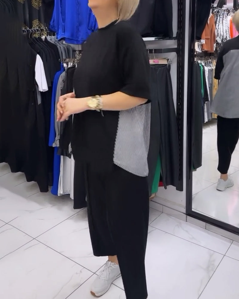 Pinstripe patchwork casual blouse