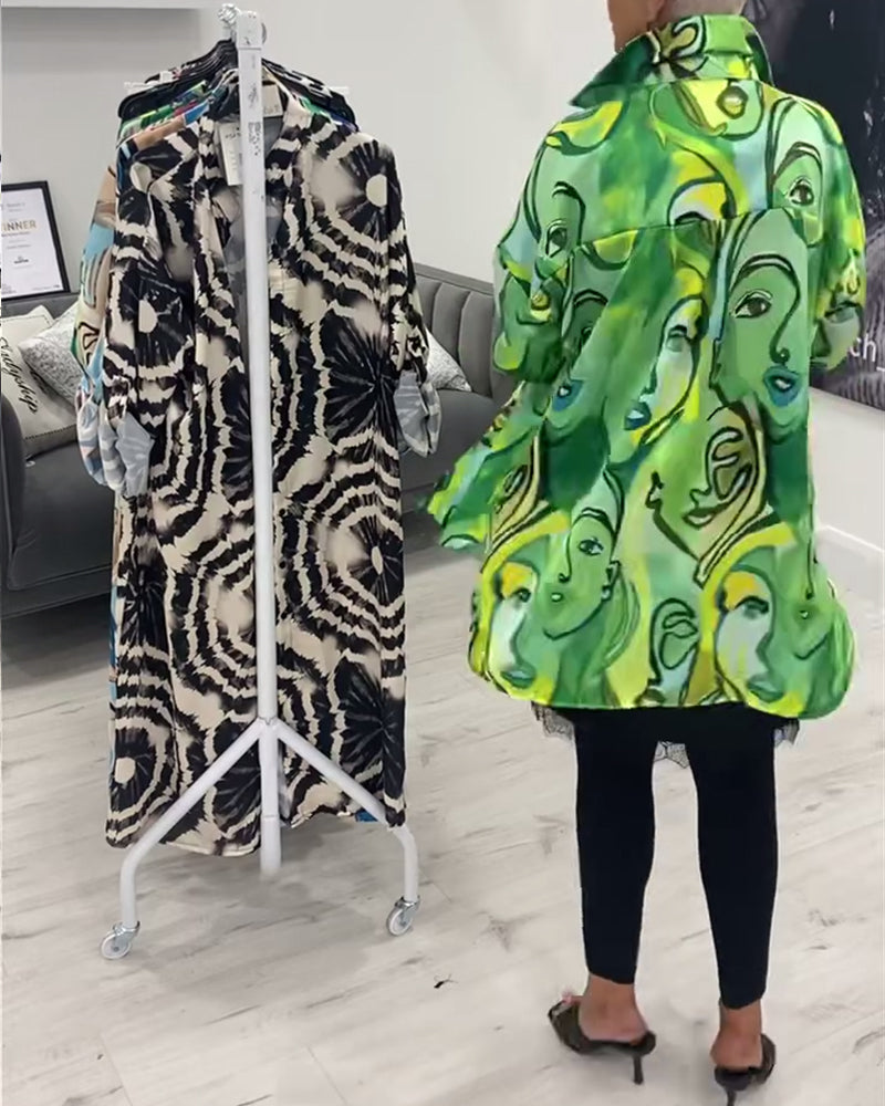 Face print lapel casual shirt