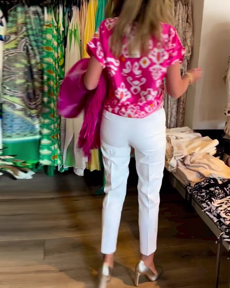 Printed V-neck short-sleeved top