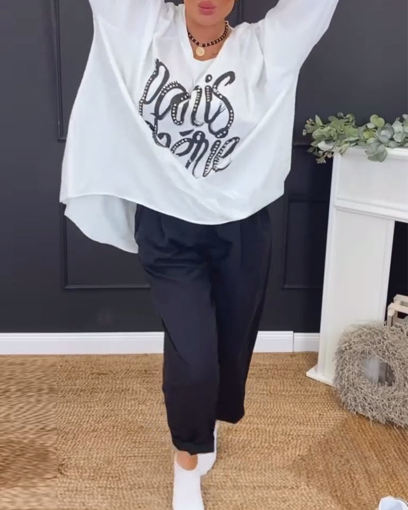 Round Neck Irregular Letter Print Top