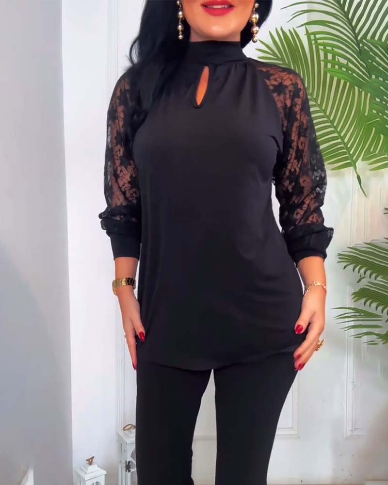 Fashion Solid Color Crochet Lace Sleeve Patchwork Top