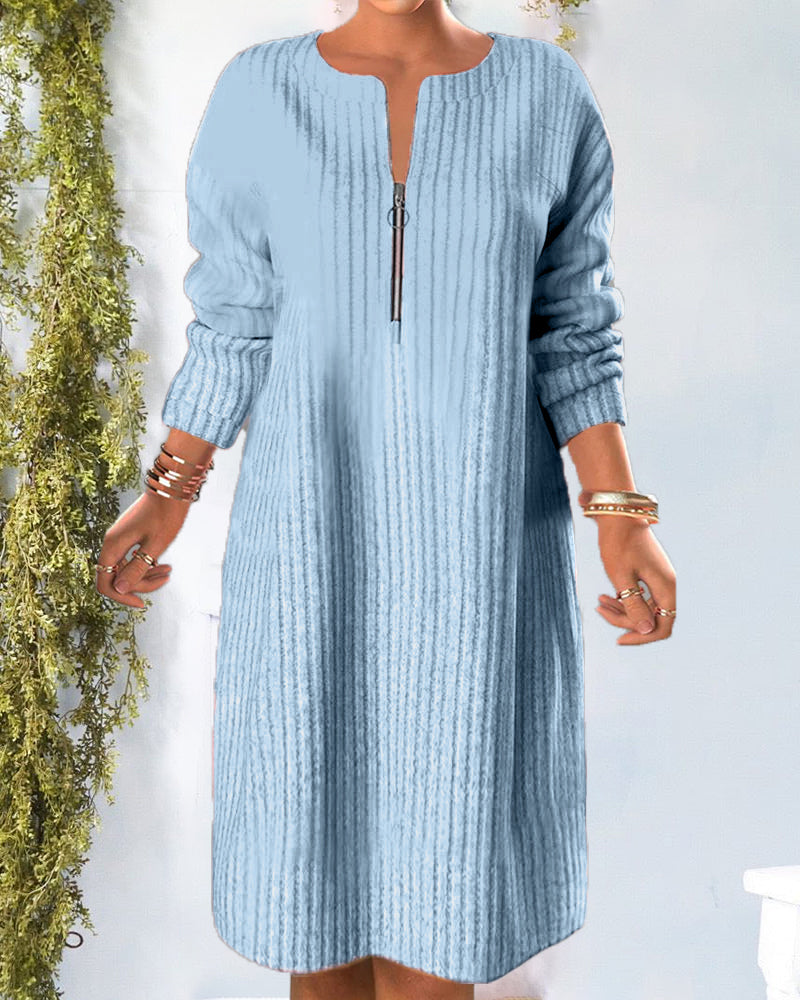 Solid Color Zipper Neck Dress