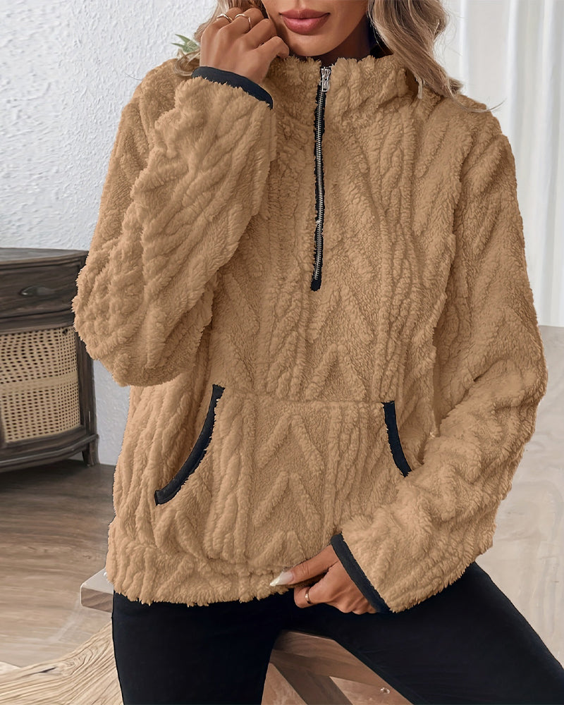 Lapel Zipper Front Fuzzy Sweatshirt