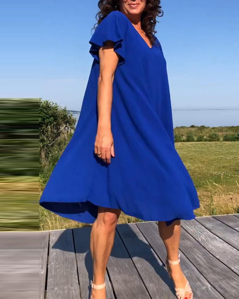 Solid color ruffle simple dress