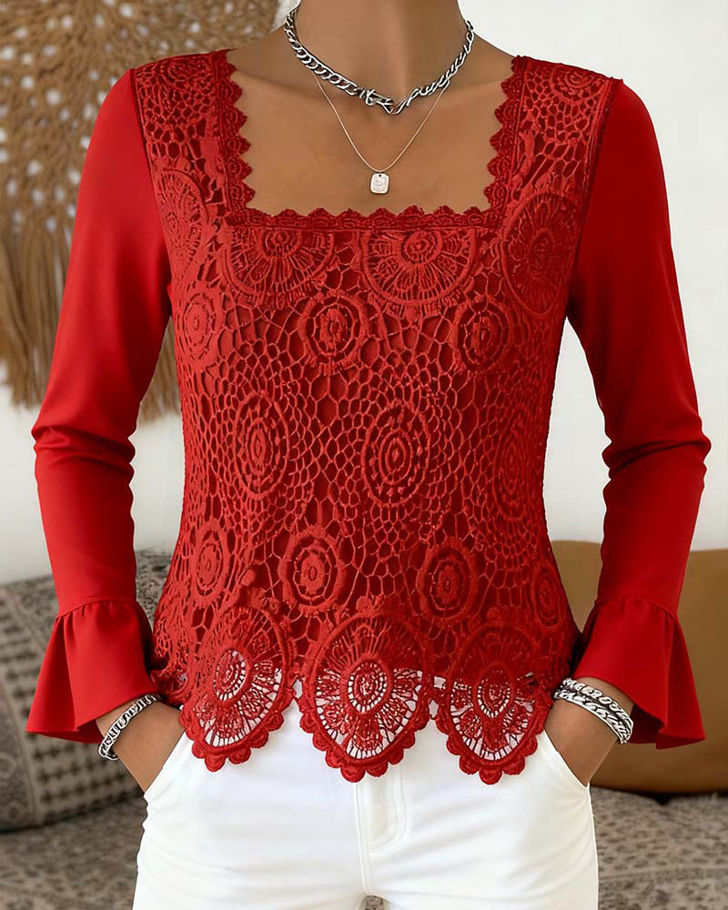 Crocheted Wide-Neck Patchwork Blouse