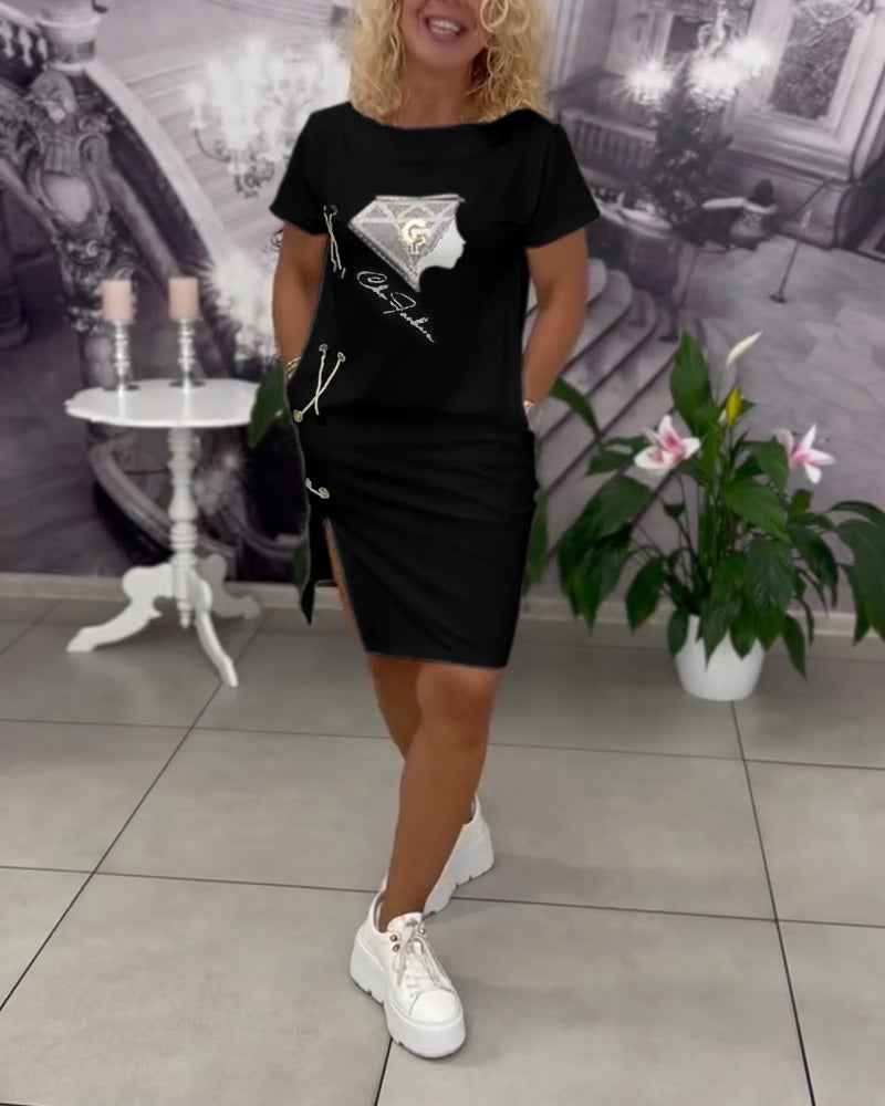 Printed Fitted Slit Dress