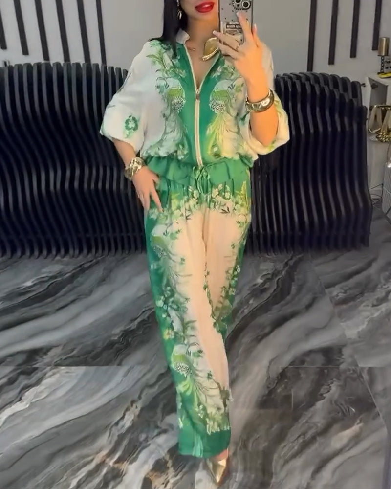 Temperament Stand Collar Zipper Wide Leg Suit