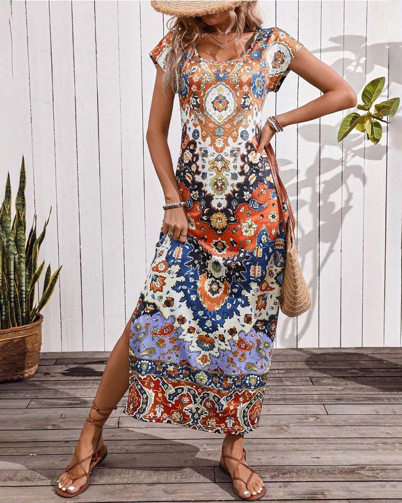 Colorful printed casual dress with slits