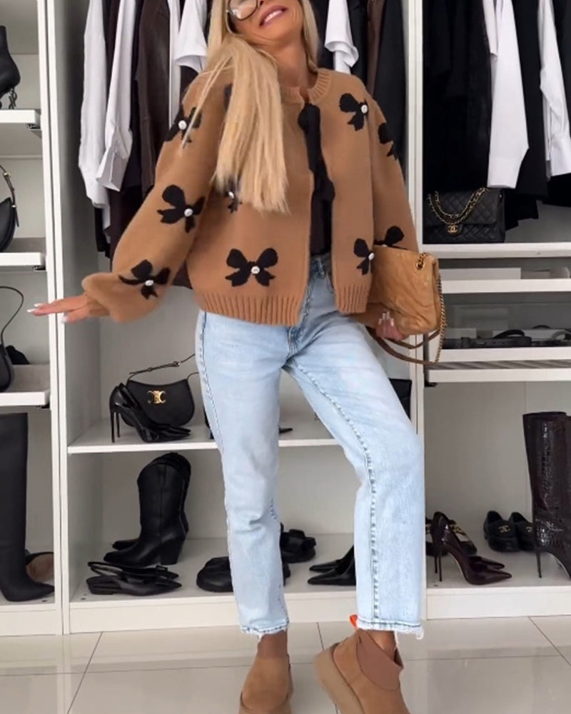 Bow beaded lace-up cardigan