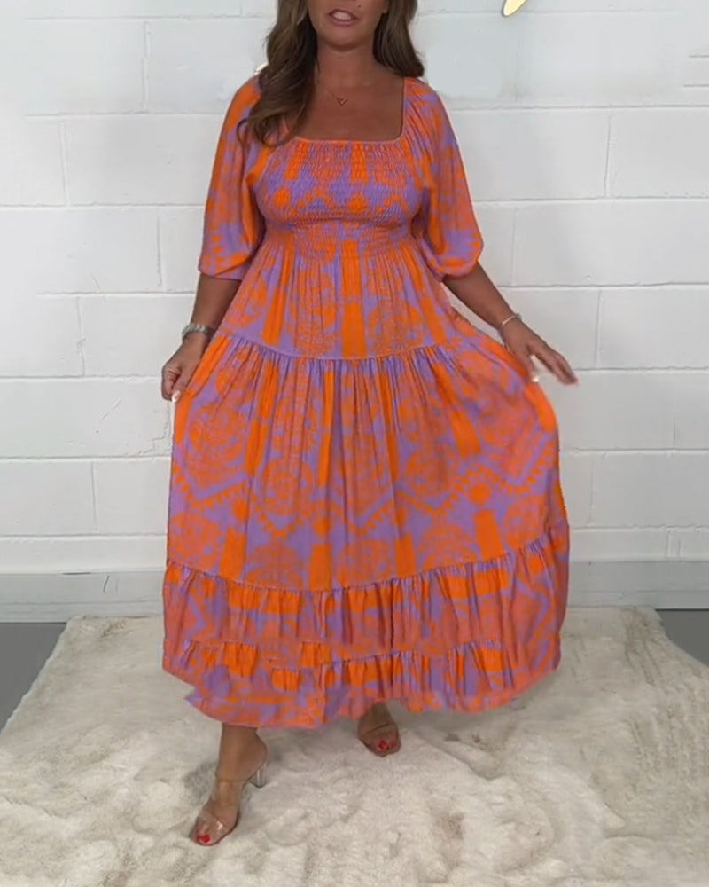 Square neck print half sleeve dress