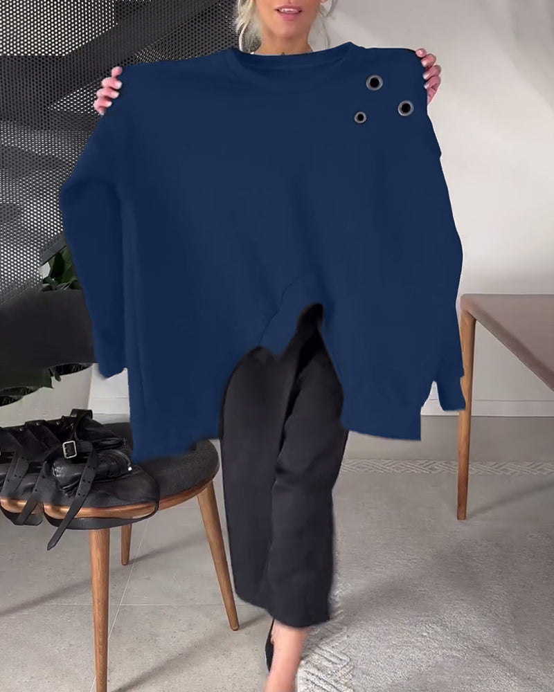 Solid color casual round neck slit sweatshirt