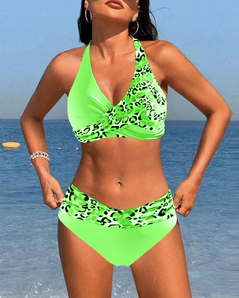 Halterneck leopard patchwork print bikini