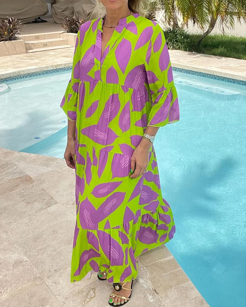 Leaves Print Dress with Short Sleeves