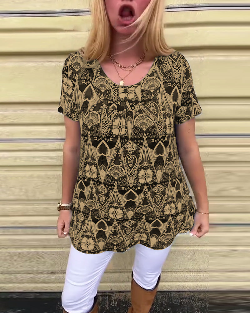 Casual Retro Crew Neck Printed T-Shirt