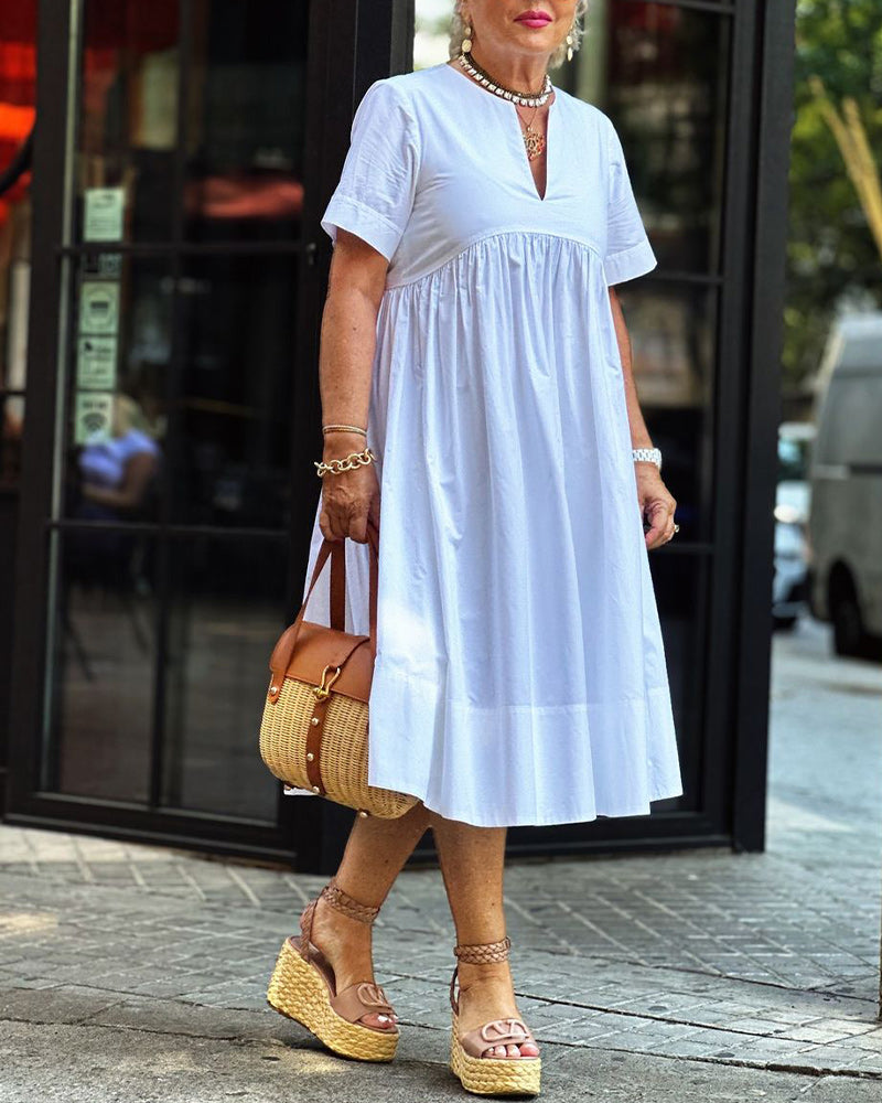 Patchwork short-sleeved solid color pleated dress