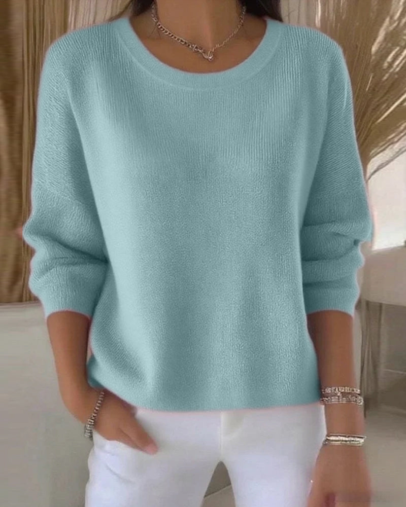 Solid Round Neck Drop Shoulder Jumper