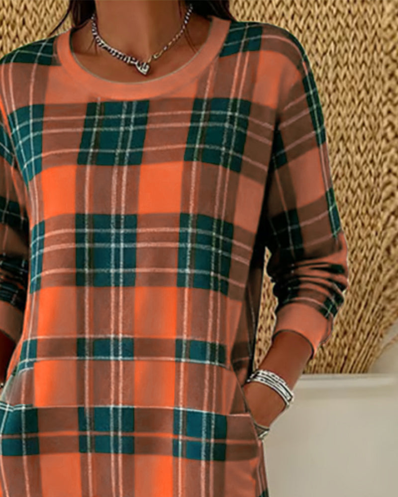 Long-Sleeved Plaid Sweatshirt Dress