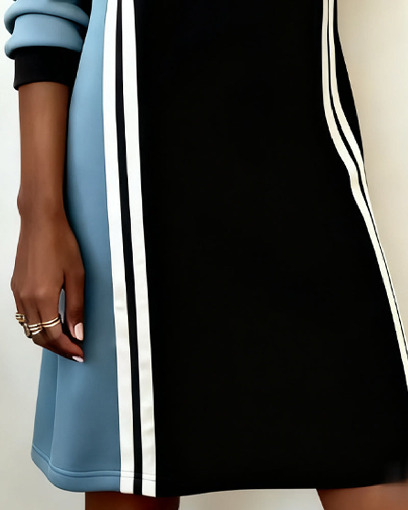 Long-Sleeved Color Block Round Neck Straight Dress