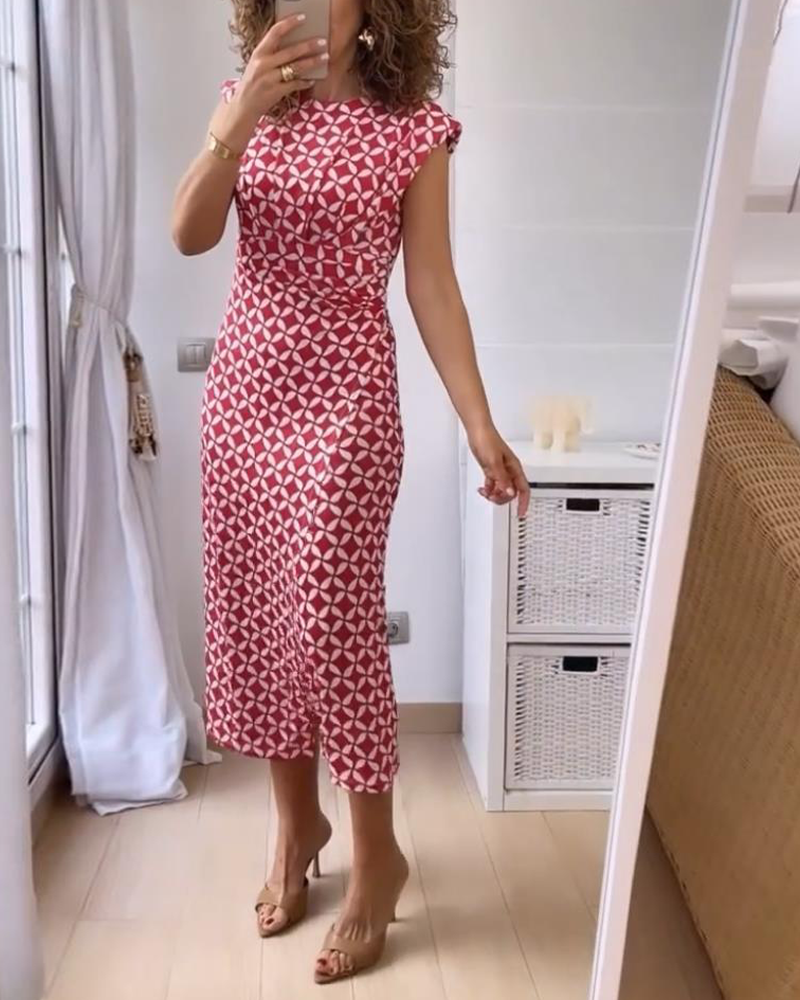 Geometric print round neck sleeveless elegant dress