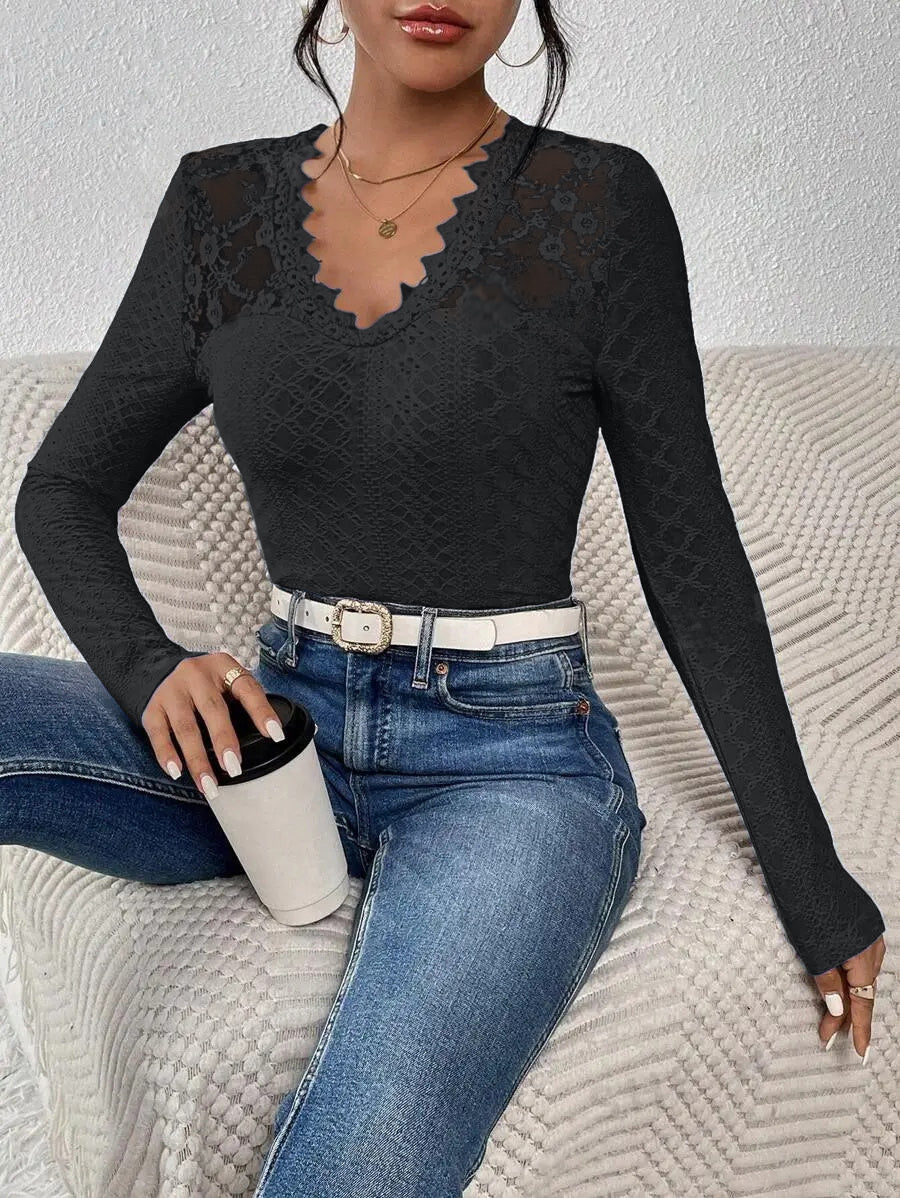 V-Neck Lace Panel Long-Sleeved Top