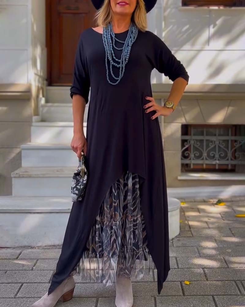 Long Sleeve Solid Color Irregular Dress