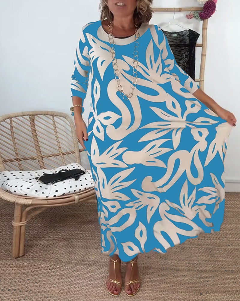 Round Neck Long Sleeve Printed Dress