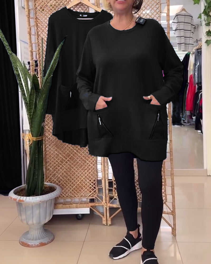 Round Neck Solid Color Zipper Pocket Sweatshirt