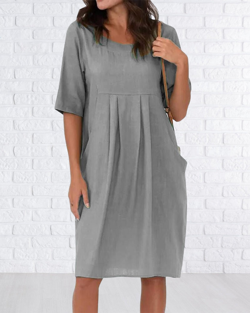 Round Neck Solid Color Dress with Pockets